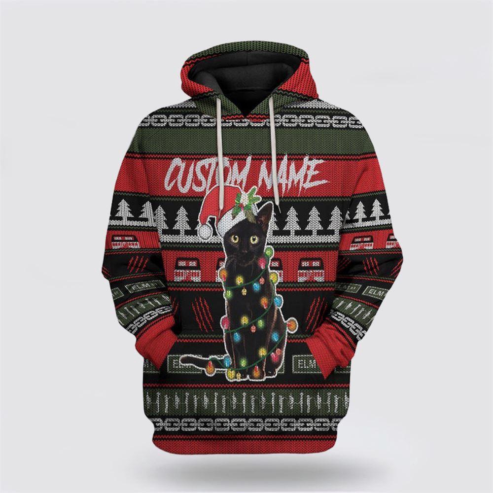Black Cat Ugly Christmas Custom Name 3D All Over Print Hoodie Black Cat Ugly Christmas Custom Name 3D All Over Print Hoodie