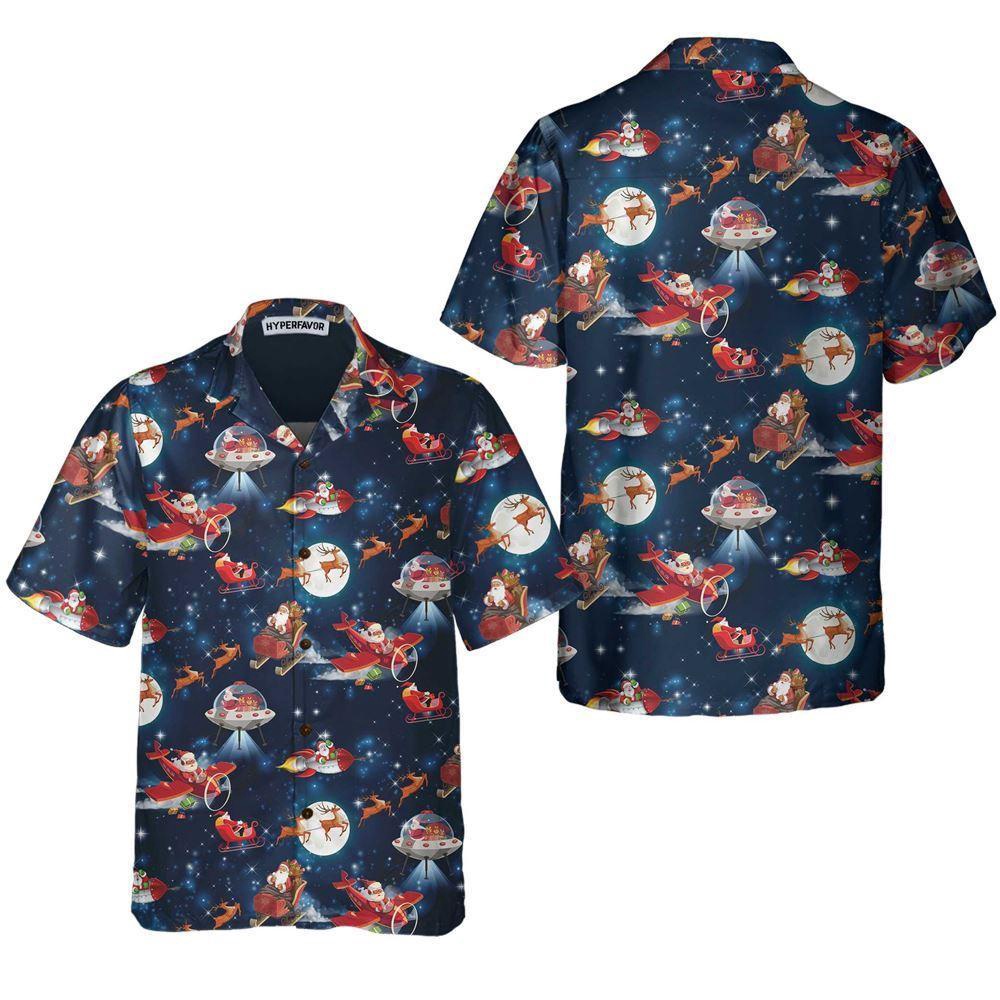 Christmas In Space Christmas Hawaiian Shirt With Santa Claus And Reindeer Pattern Christmas In Space Christmas Hawaiian Shirt With Santa Claus And Reindeer Pattern