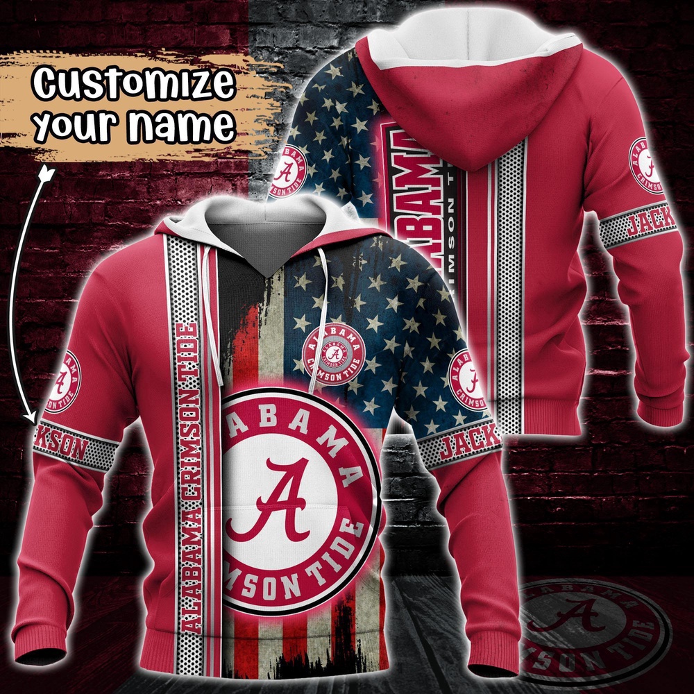 Customized NCAA Alabama Crimson Tide Hoodie 3D US Flag Sleek Style For Fans Customized NCAA Alabama Crimson Tide Hoodie 3D US Flag Sleek Style For Fans