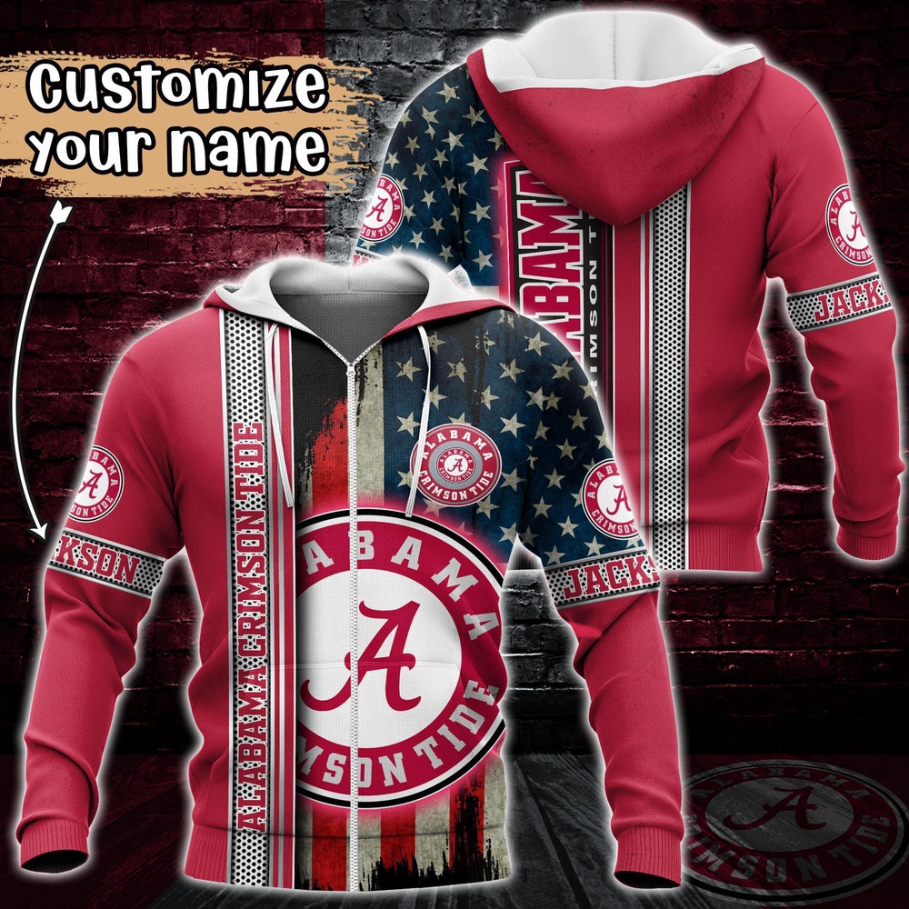 Customized NCAA Alabama Crimson Tide Hoodie 3D US Flag Sleek Style For Fans Customized NCAA Alabama Crimson Tide Hoodie 3D US Flag Sleek Style For Fans