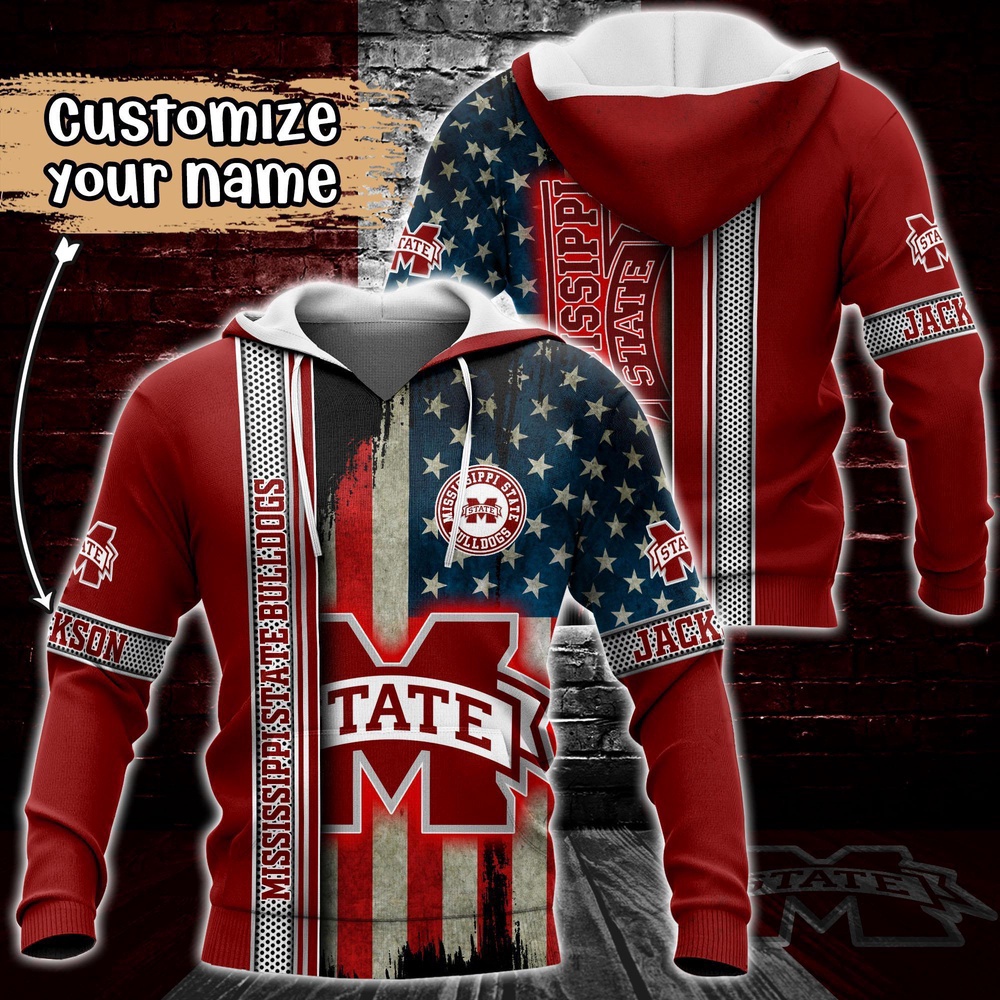 Customized NCAA Mississippi State Bulldogs Hoodie 3D US Flag Sleek Style For Fans Customized NCAA Mississippi State Bulldogs Hoodie 3D US Flag Sleek Style For Fans