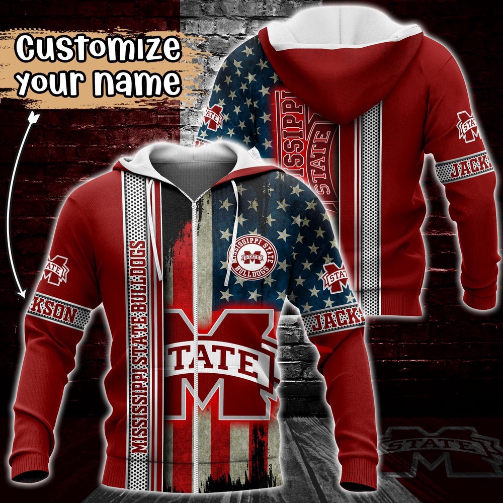 Customized NCAA Mississippi State Bulldogs Hoodie 3D US Flag Sleek Style For Fans Customized NCAA Mississippi State Bulldogs Hoodie 3D US Flag Sleek Style For Fans