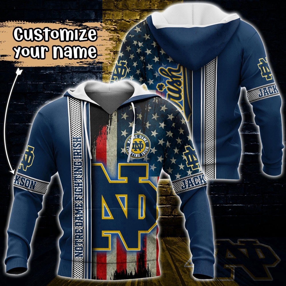 Customized NCAA Notre Dame Fighting Irish Hoodie 3D US Flag Sleek Style For Fans