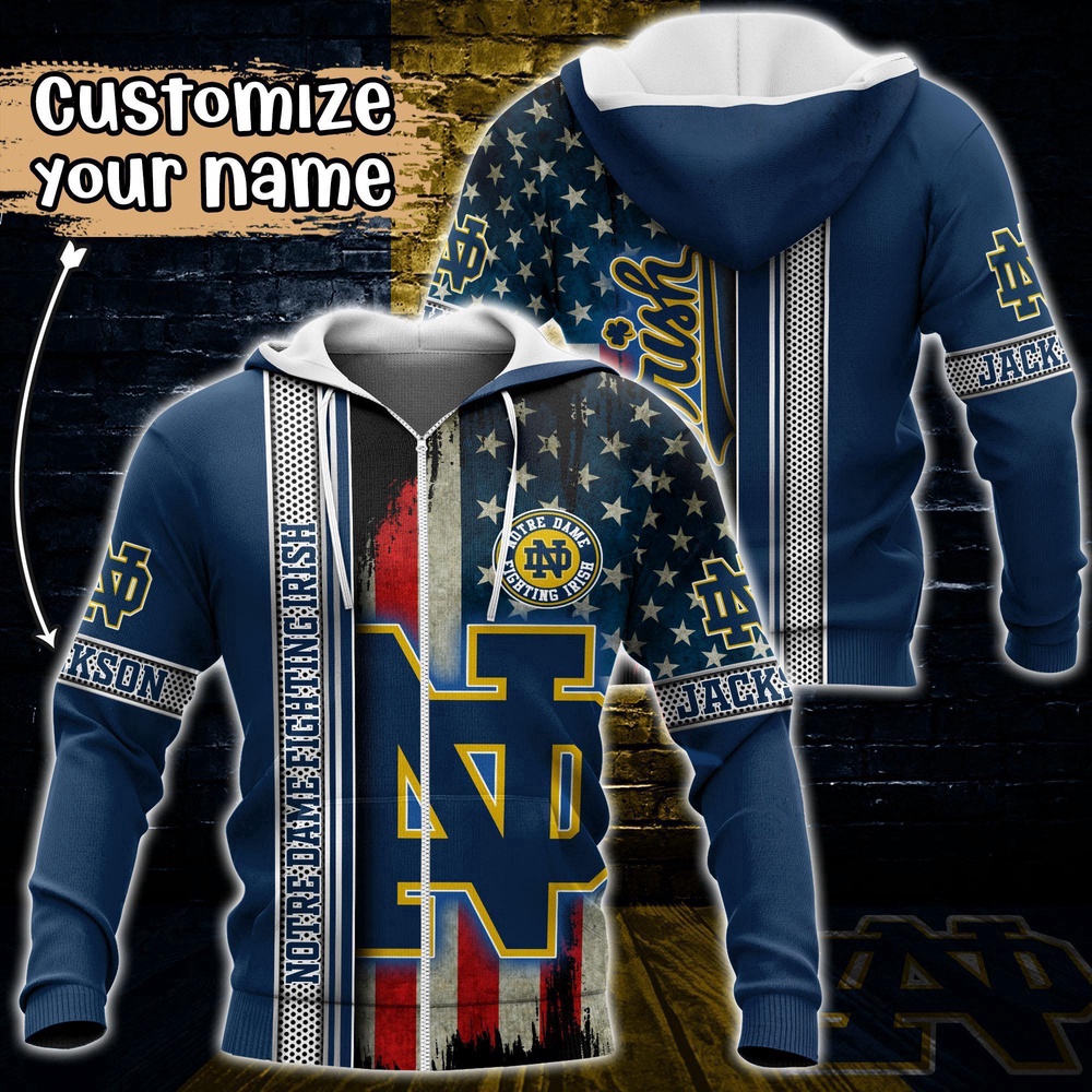 Customized NCAA Notre Dame Fighting Irish Hoodie 3D US Flag Sleek Style For Fans
