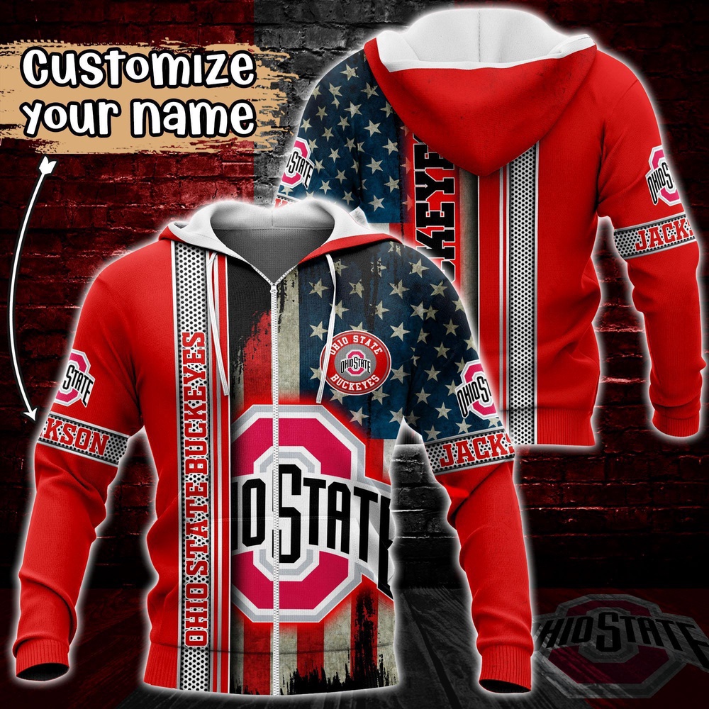Customized NCAA Ohio State Buckeyes Hoodie 3D US Flag Sleek Style For Fans