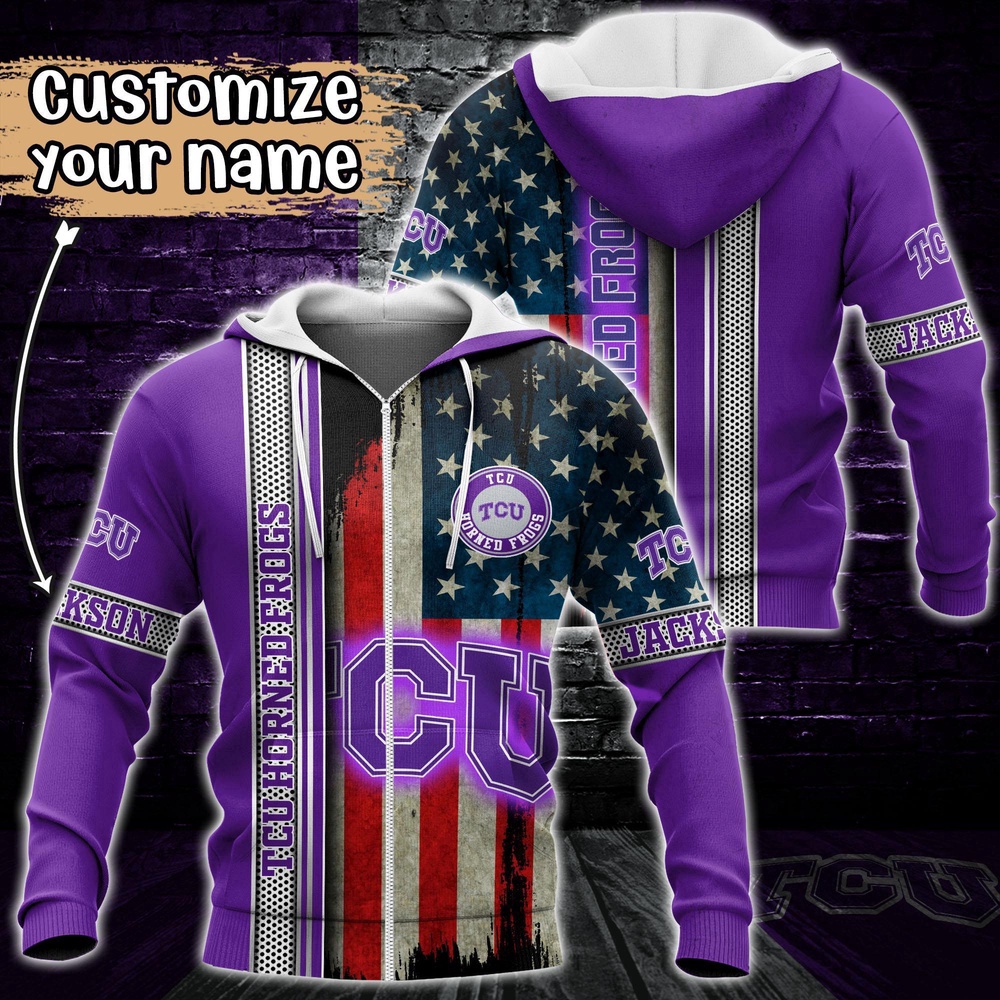 Customized NCAA TCU Horned Frogs Hoodie 3D US Flag Sleek Style For Fans