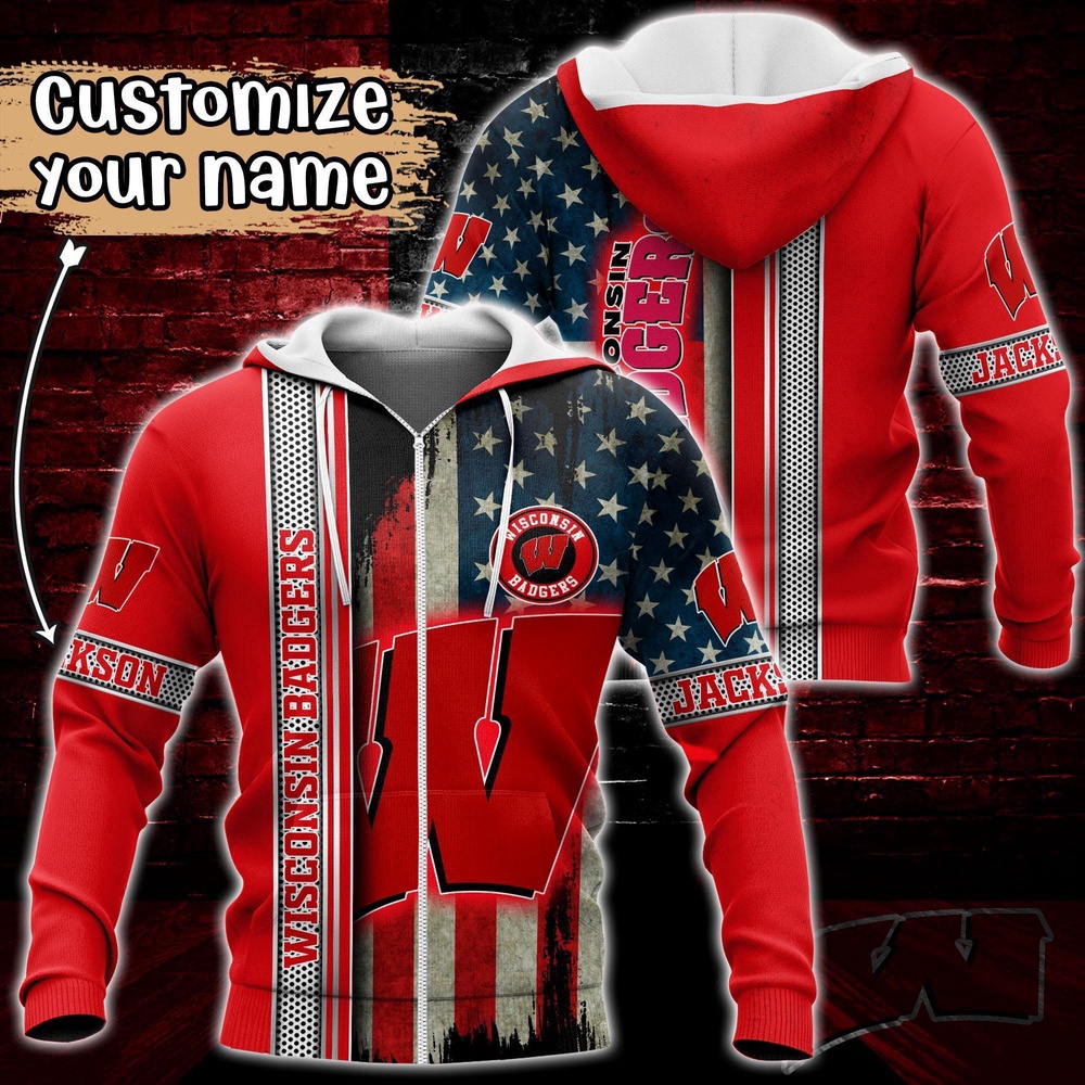 Customized NCAA Wisconsin Badgers Hoodie 3D US Flag Sleek Style For Fans