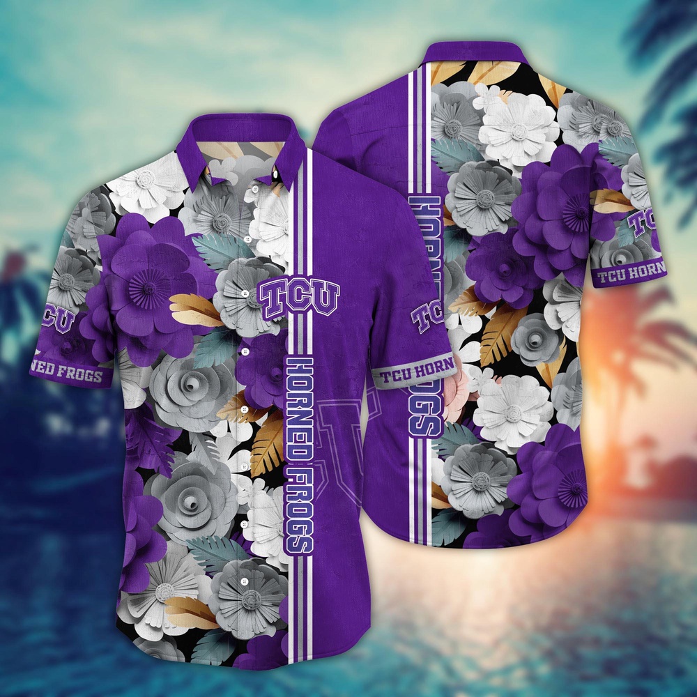 NCAA TCU Horned Frogs Hawaiian Shirt Tropical Flower Pattern For Sports Fans NCAA TCU Horned Frogs Hawaiian Shirt Tropical Flower Pattern For Sports Fans