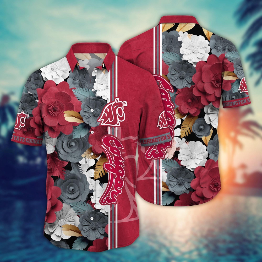 NCAA Washington State Cougars Hawaiian Shirt Tropical Flower Pattern For Sports Fans NCAA Washington State Cougars Hawaiian Shirt Tropical Flower Pattern For Sports Fans
