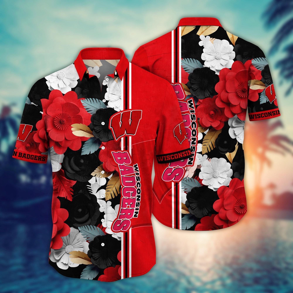 NCAA Wisconsin Badgers Hawaiian Shirt Tropical Flower Pattern For Sports Fans NCAA Wisconsin Badgers Hawaiian Shirt Tropical Flower Pattern For Sports Fans