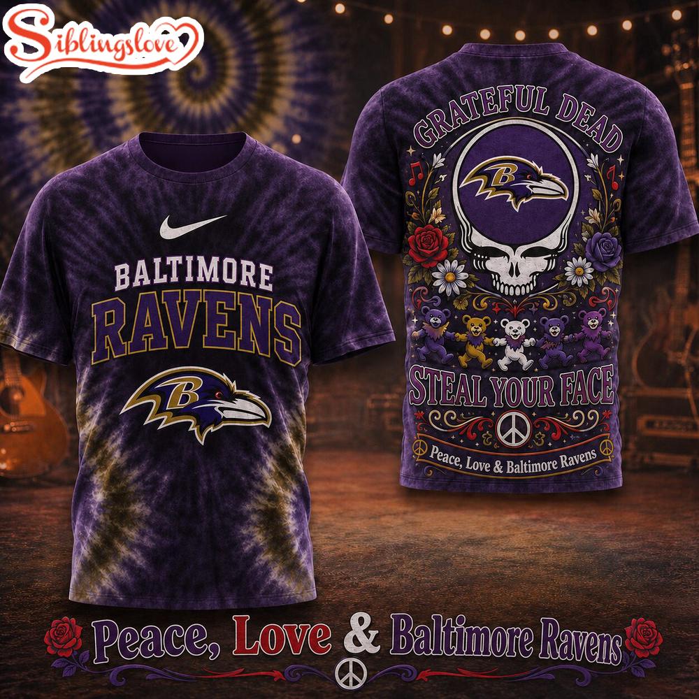 Baltimore Ravens NFL Peace Love Greateful 3D T-Shirt 1 Baltimore Ravens NFL Peace Love Greateful 3D T-Shirt