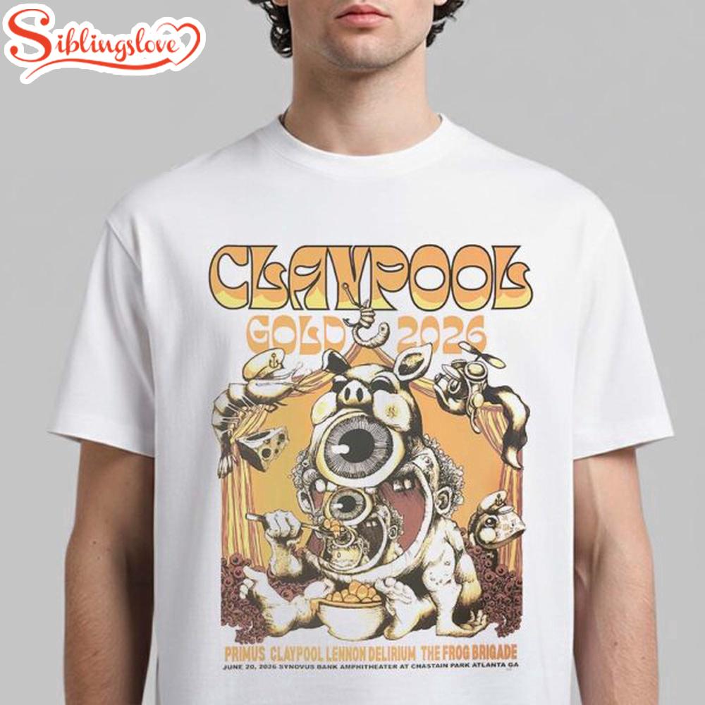 Claypool Gold Primus Claypool Lennon Delirium And The Frog Brigade 2026 Unisex T-Shirt 1 Claypool Gold Primus Claypool Lennon Delirium And The Frog Brigade 2026 Unisex T-Shirt