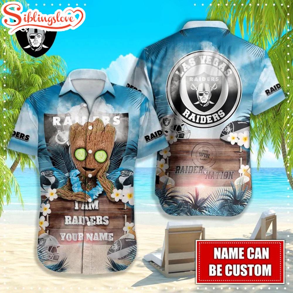 Custom Name Las Vegas Raiders NFL Groot Hawaiian Shirt 1 Custom Name Las Vegas Raiders NFL Groot Hawaiian Shirt
