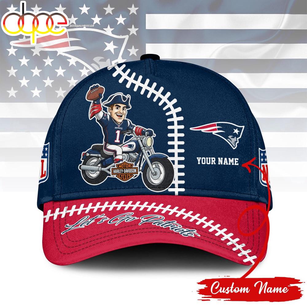 Custom Name New England Patriots NFL Harley Davidson 3D Baseball Cap 1 Custom Name New England Patriots NFL Harley Davidson 3D Baseball Cap