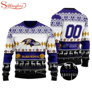 Custom Name Number Nfl Baltimore Ravens Playing Field Ugly Christmas Sweater