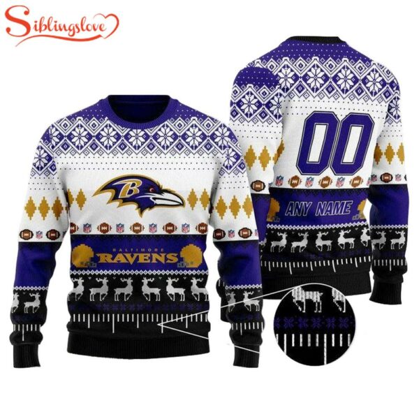 Custom Name Number Nfl Baltimore Ravens Playing Field Ugly Christmas Sweater