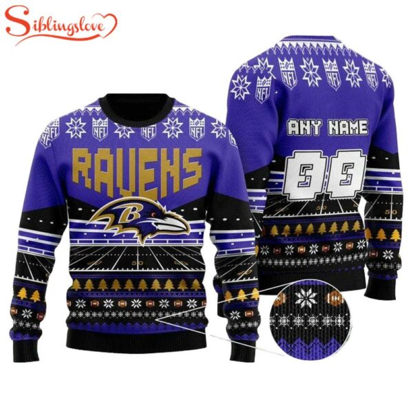 Custom Name Number Nfl Baltimore Ravens Rugby Ugly Christmas Sweater