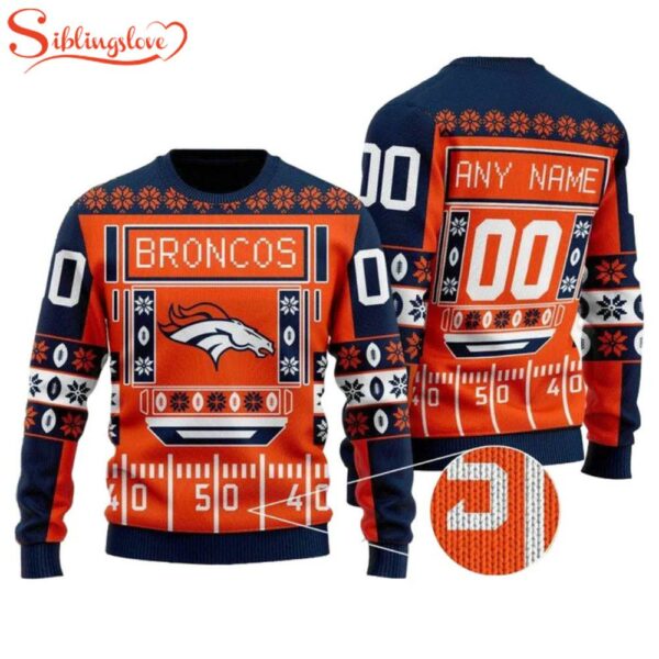 Custom Name Number Nfl Denver Broncos Playing Field Ugly Christmas Sweater