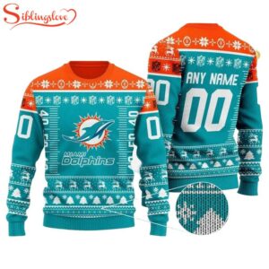 Custom Name Number Nfl Logo Miami Dolphins Ugly Christmas Sweater