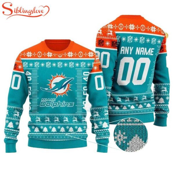 Custom Name Number Nfl Logo Miami Dolphins Ugly Christmas Sweater