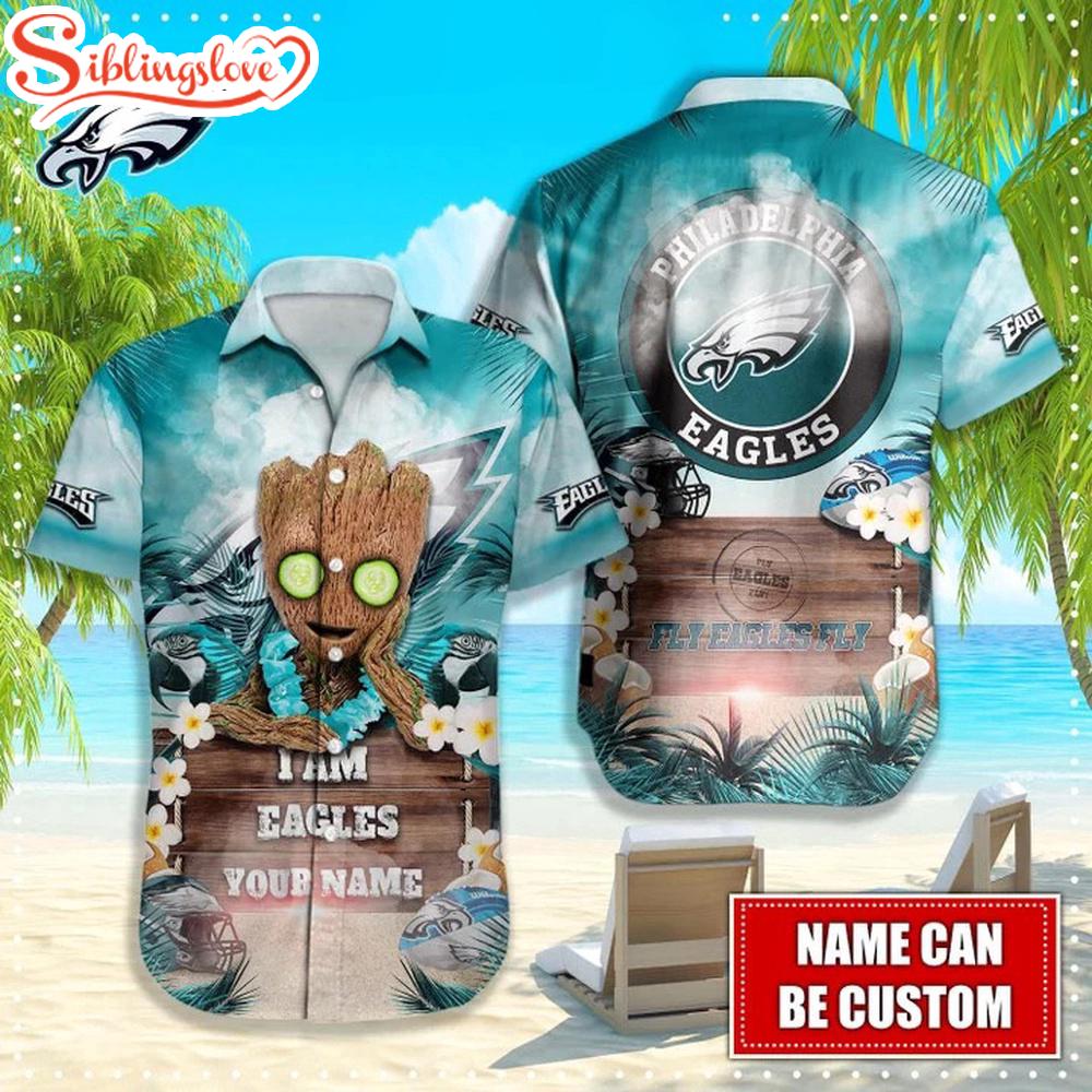 Custom Name Philadelphia Eagles NFL Groot Hawaiian Shirt 1 Custom Name Philadelphia Eagles NFL Groot Hawaiian Shirt
