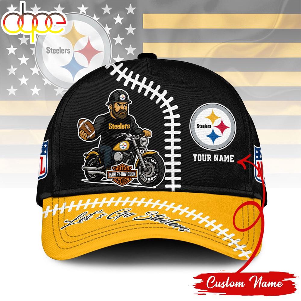 Custom Name Pittsburgh Steelers NFL Harley Davidson 3D Baseball Cap 1 Custom Name Pittsburgh Steelers NFL Harley Davidson 3D Baseball Cap