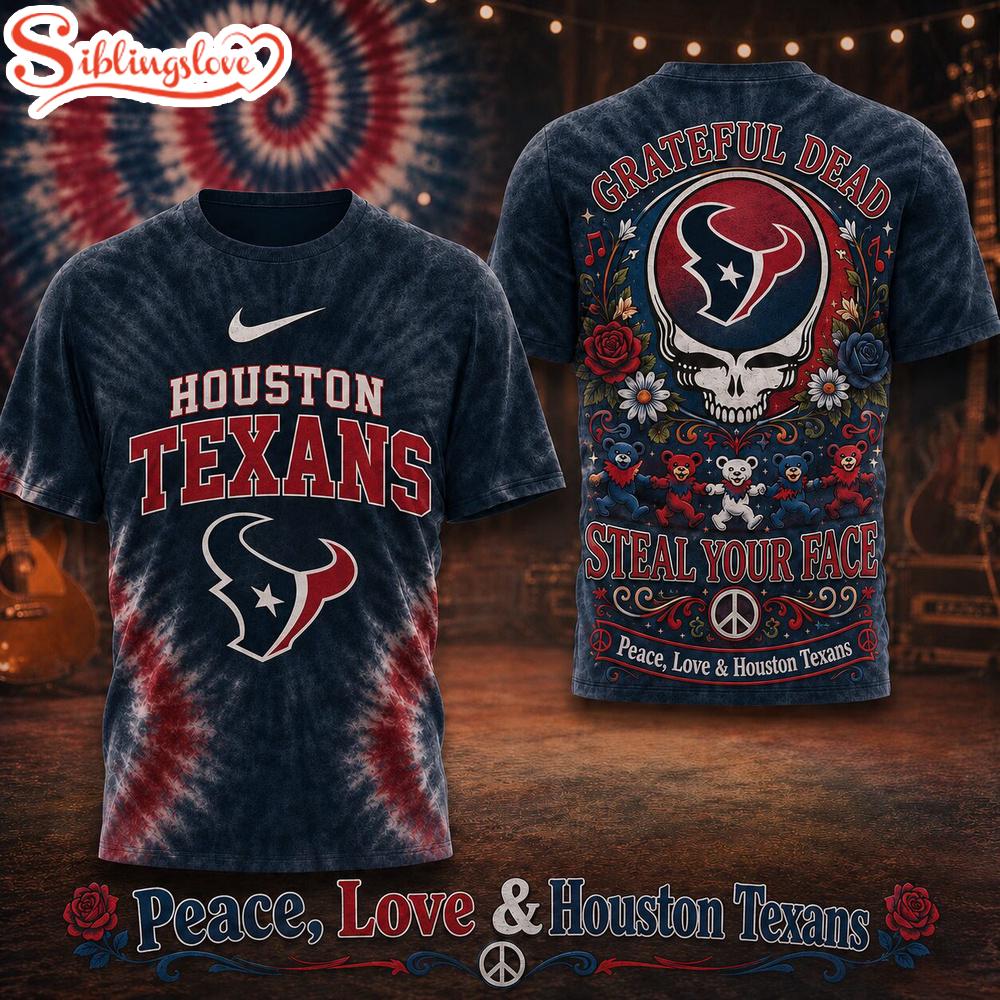 Houston Texans NFL Peace Love Greateful 3D T-Shirt 1 Houston Texans NFL Peace Love Greateful 3D T-Shirt