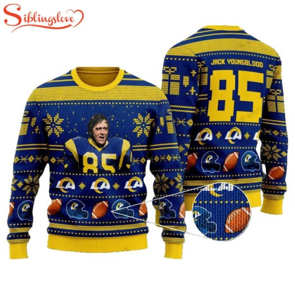 Jackson Youngblood 85 Los Angeles Rams Ugly Christmas Sweater