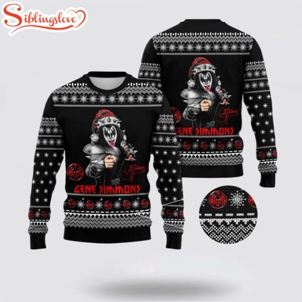 Kiss Gene Simmons With Santa Hat And Signature Ugly Merry Christmas Sweater