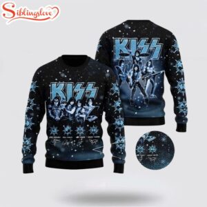 Kiss Graphics With Signatures Snowy Night Holiday Ugly Merry Christmas Sweater