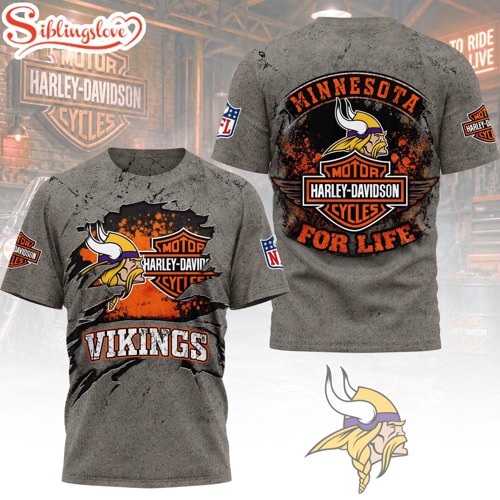 Minnesota Vikings NFL Harley Davidson For Life 3D T-Shirt 1 Minnesota Vikings NFL Harley Davidson For Life 3D T-Shirt